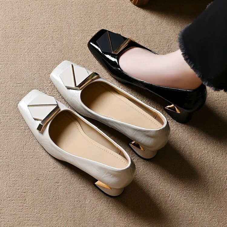 2025新款春夏季中跟单鞋女软皮粗跟舒适女鞋浅口百搭皮鞋方头瓢鞋