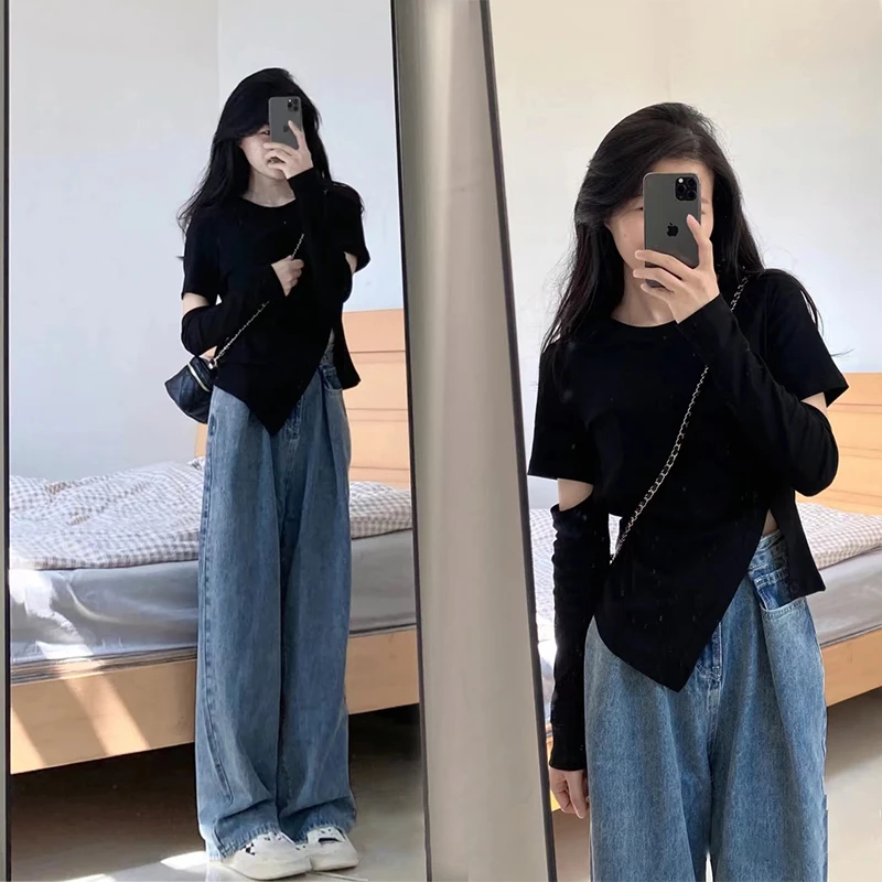 秋季黑色长袖正肩打底衫t恤女2025新款爆款显瘦甜辣初秋穿搭上衣