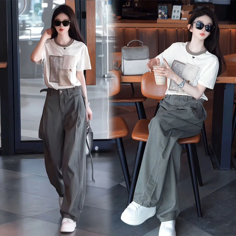 夏季休闲显瘦穿搭2025韩系撞色圆领短袖t恤窄版阔腿裤子两件套装