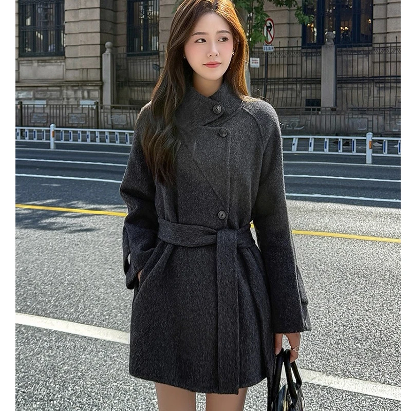 【25099】立领中短款大衣系带收腰显瘦毛呢外套女