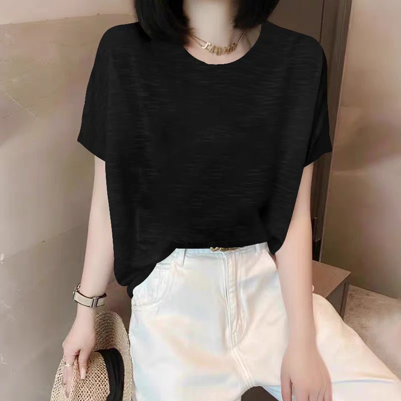 夏季冰丝竹节棉新款短袖t恤大码内搭胖mm宽松显瘦韩版圆领上衣潮