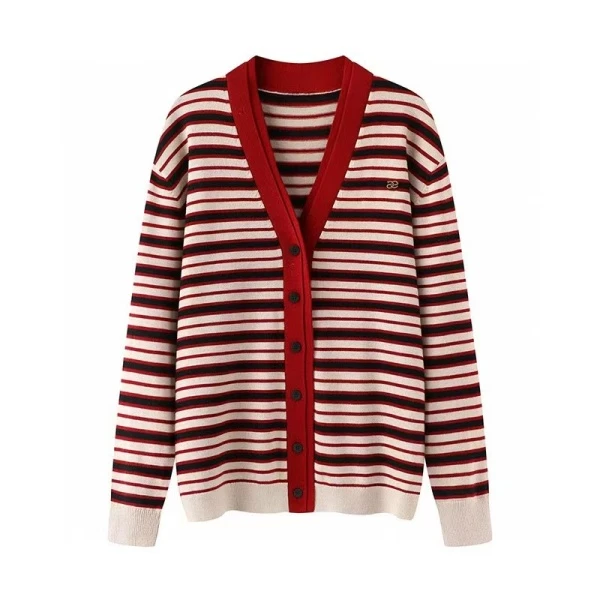 A2006 2025春季新款时尚宽松休闲彩虹条纹针织开衫