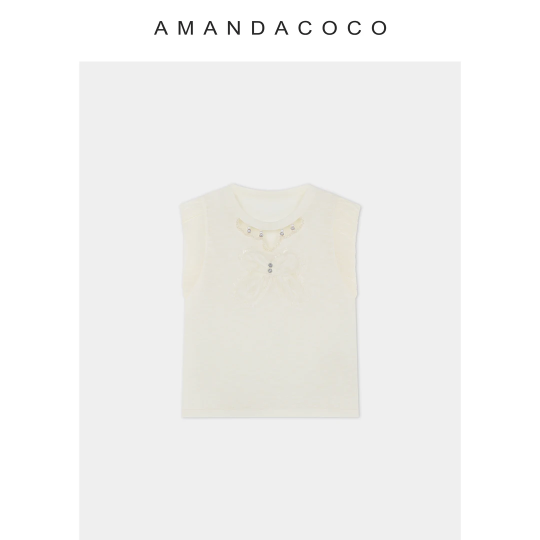 NANA# 半甜主义～夏季薄款串珠蝴蝶结气质法式小飞袖显瘦百搭时髦