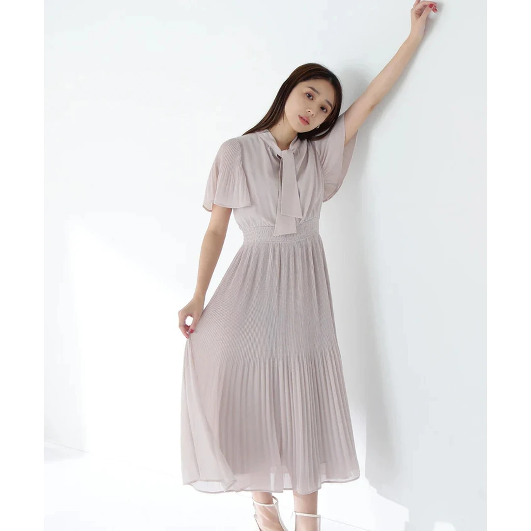 【MonTendre】夏季新款 N 甜美淑女松紧收腰褶皱喇叭袖领结连衣裙