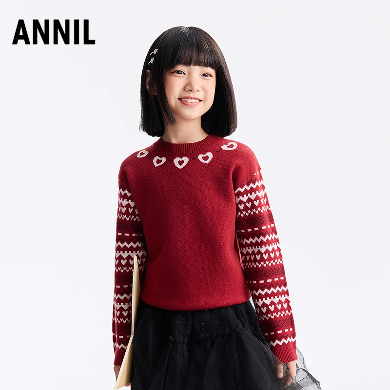 安奈儿女童圆领提花毛衣2025冬新款含绵羊毛软糯保暖毛衫EG544664