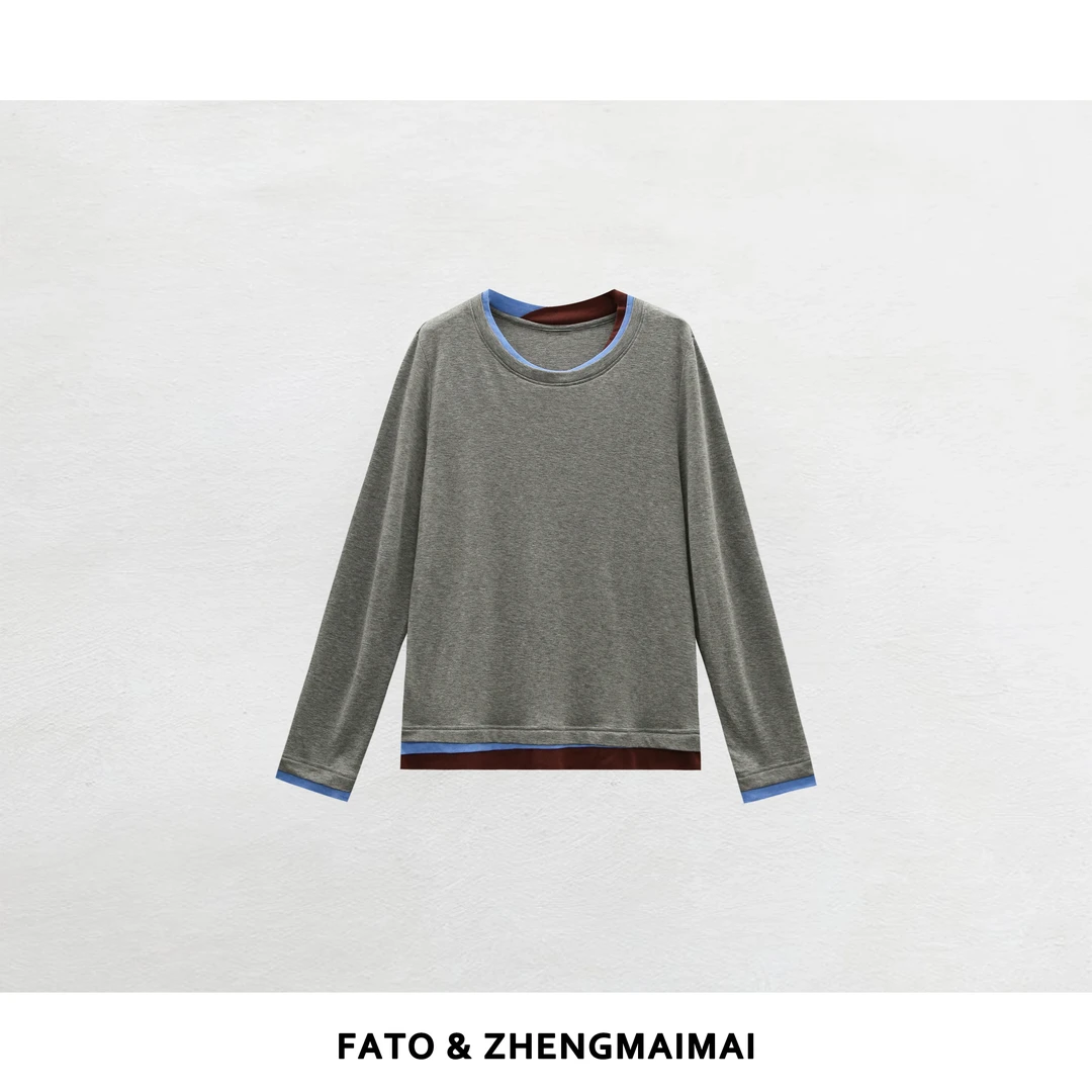 【郑买买】罗曼蓝调 新款小众轻奢设计时尚针织拼色打底衫YZ50628M1