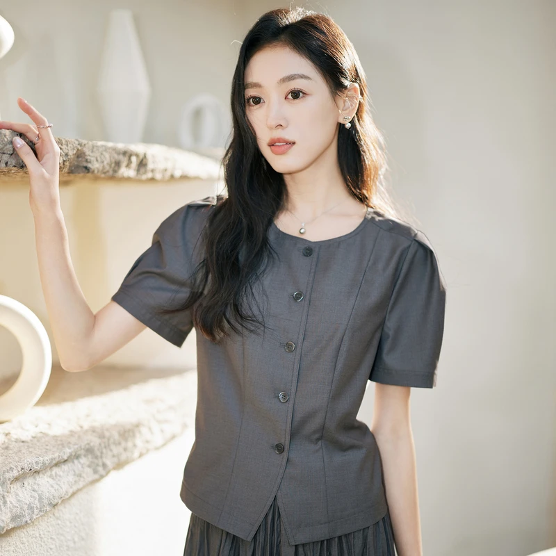 风笛2025秋季新款圆领法式气质衬衫女时尚百搭显瘦短袖上衣通勤女