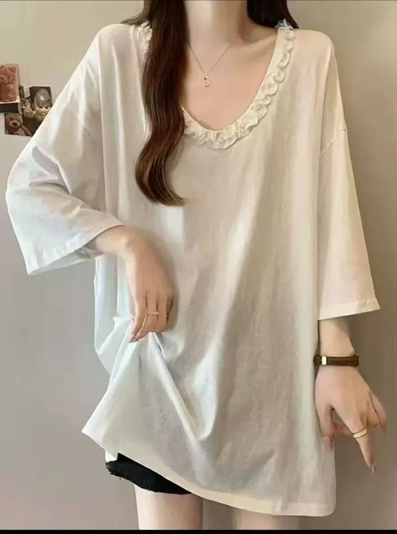 洋气木耳边锁骨大体恤