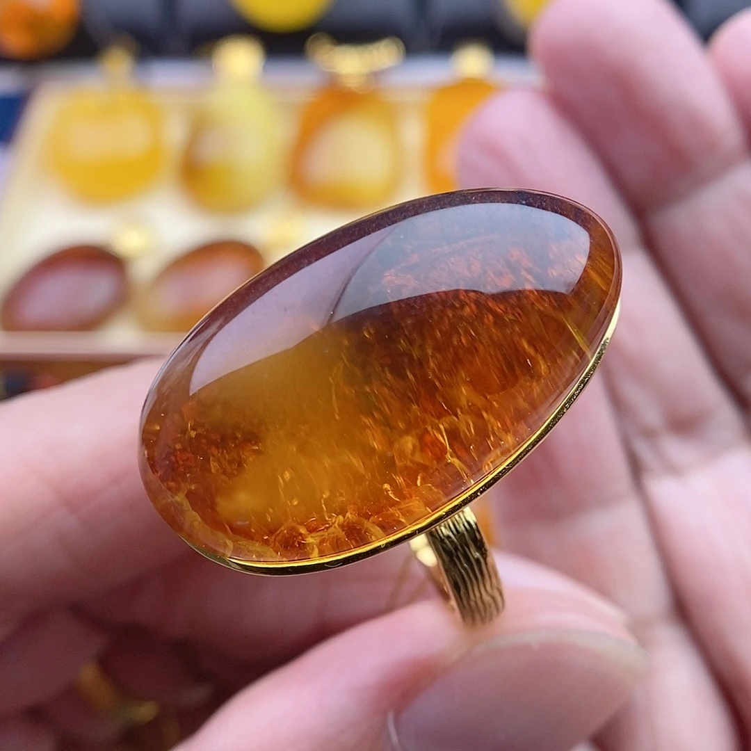 银S925镀金镶嵌琥珀戒指