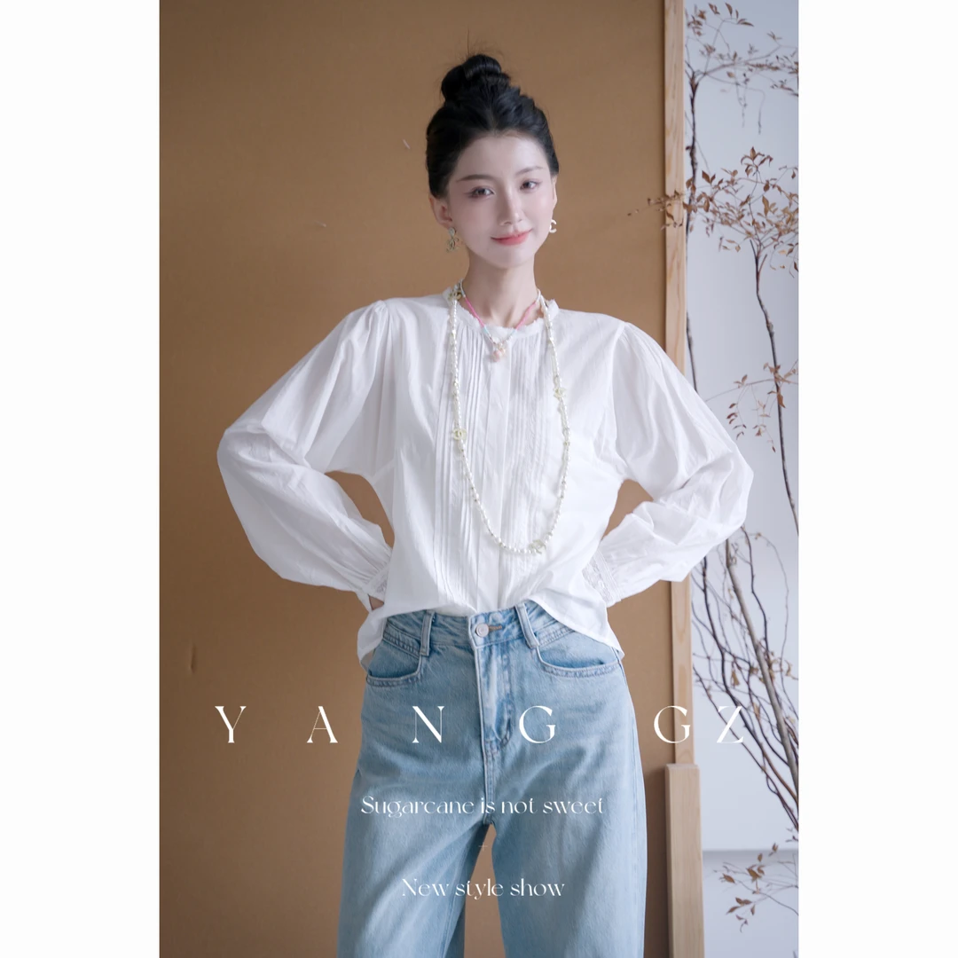 YANG GZ【观上月白】早秋法式浪漫甜美圆领宽松上衣女 GZ667#69319