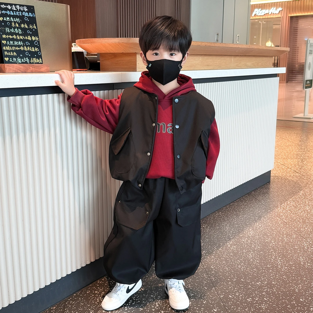 男童加绒秋冬装套装2025新款宝宝冬季加厚衣服时髦男孩马甲三件套