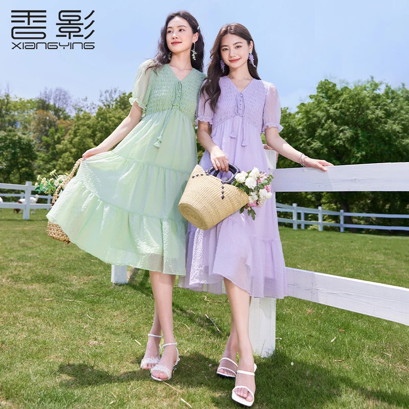 Q832502连衣裙 香影v领连衣裙女夏装新款高腰打揽显瘦法式