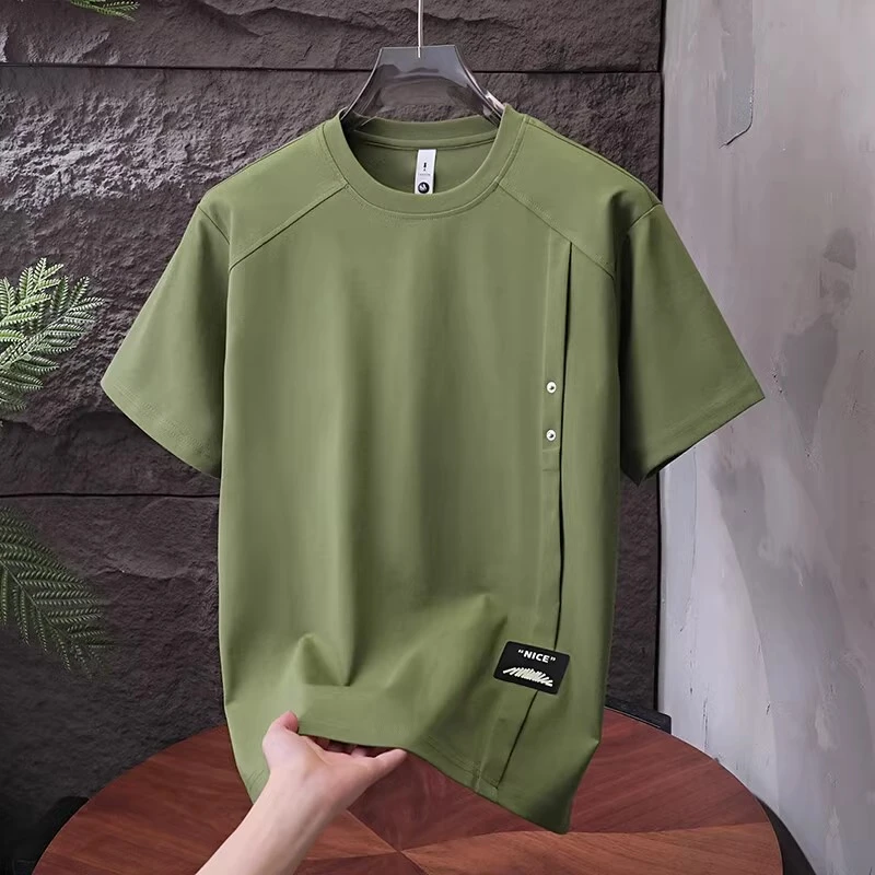 潮流拼接短袖T恤男士夏季圆领薄款凉感韩版纯色半袖宽松夏天上衣