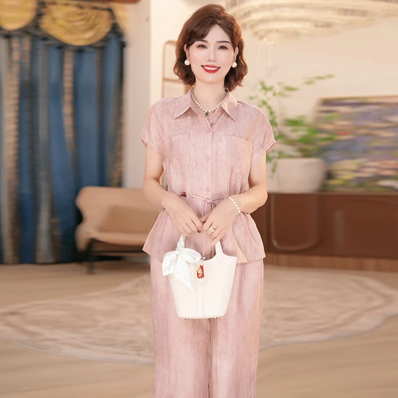 2025中老年妈妈洋气系绳收腰套装夏季新款时尚休闲纯色翻领两件套