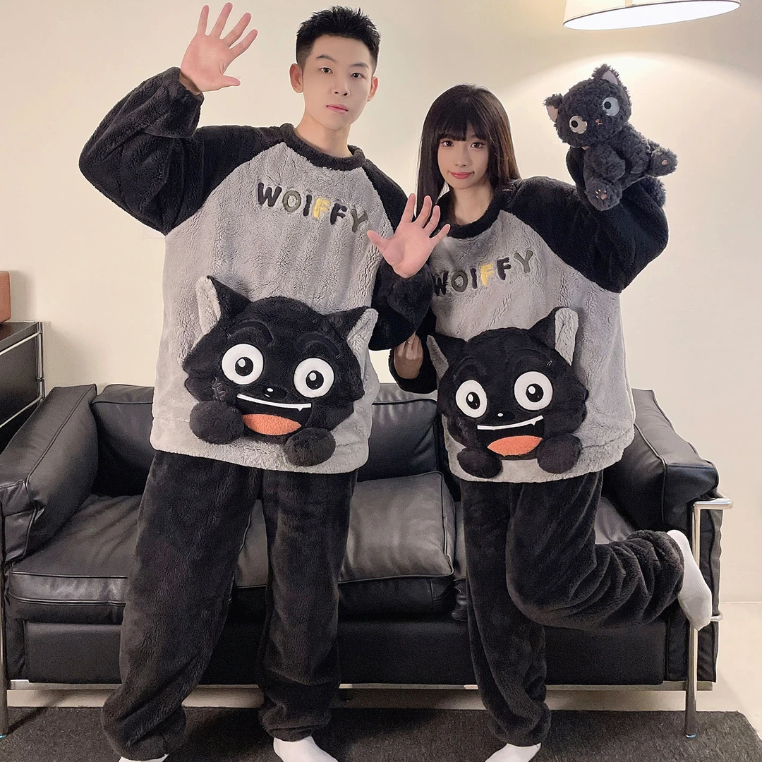 秋冬季珊瑚绒情侣圆领睡衣套装加绒加厚保暖男女士卡通大码家居服