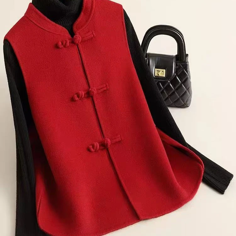 高级感毛呢大衣女马甲秋冬新款红色国风复古毛呢外套