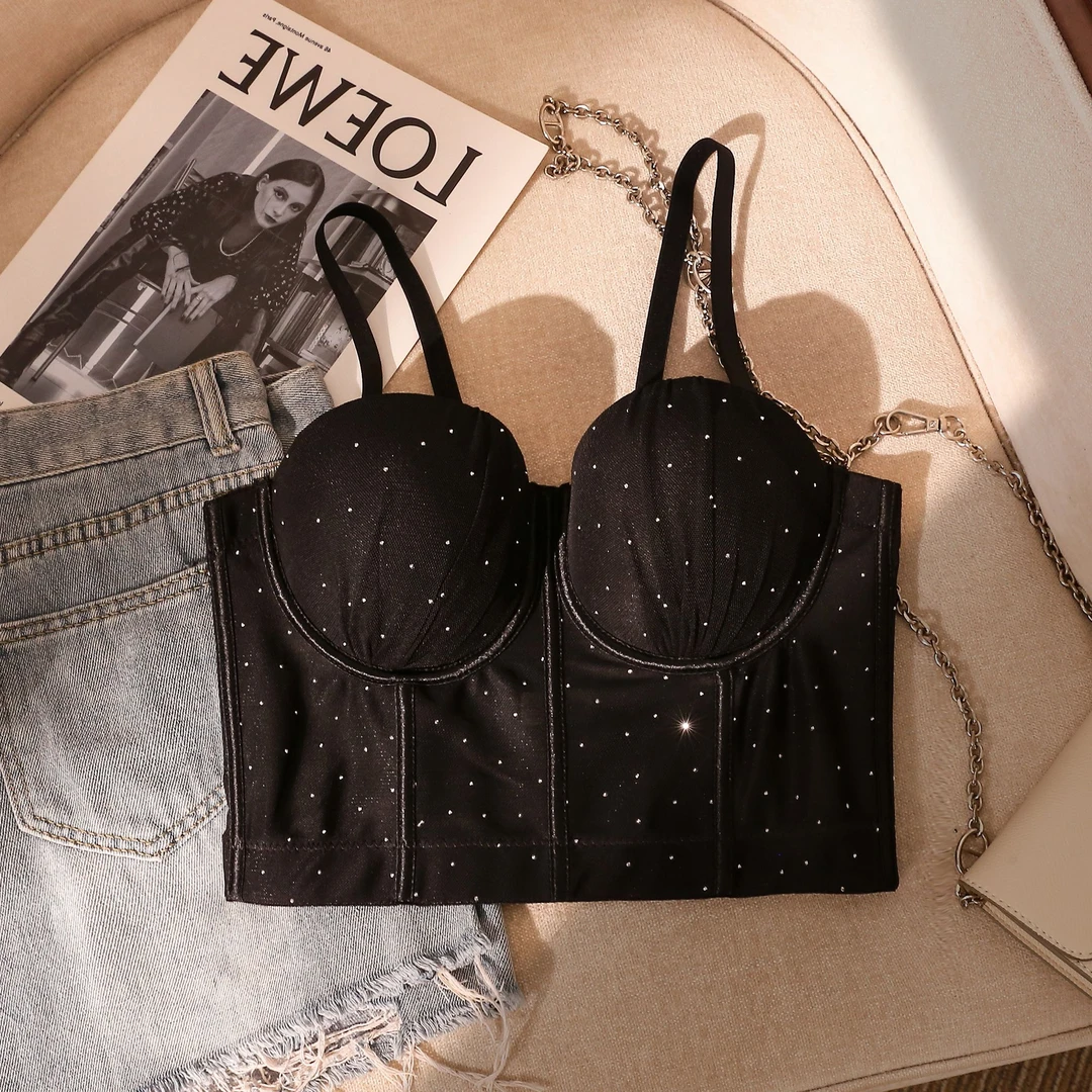 高级感闪钻鱼骨胸衣吊带背心女夏季带胸垫束腰显瘦美背无袖小上衣