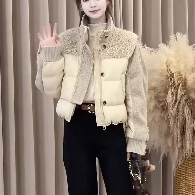 韩系羊羔毛拼接羽绒服女2025冬季立领面包服高级感白鸭绒短款外套