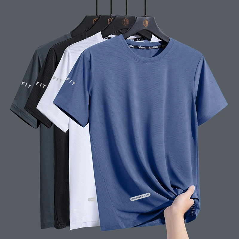 【T02】夏季轻奢休闲圆领宽松冰丝网眼短袖速干透气男士运动冰爽t恤