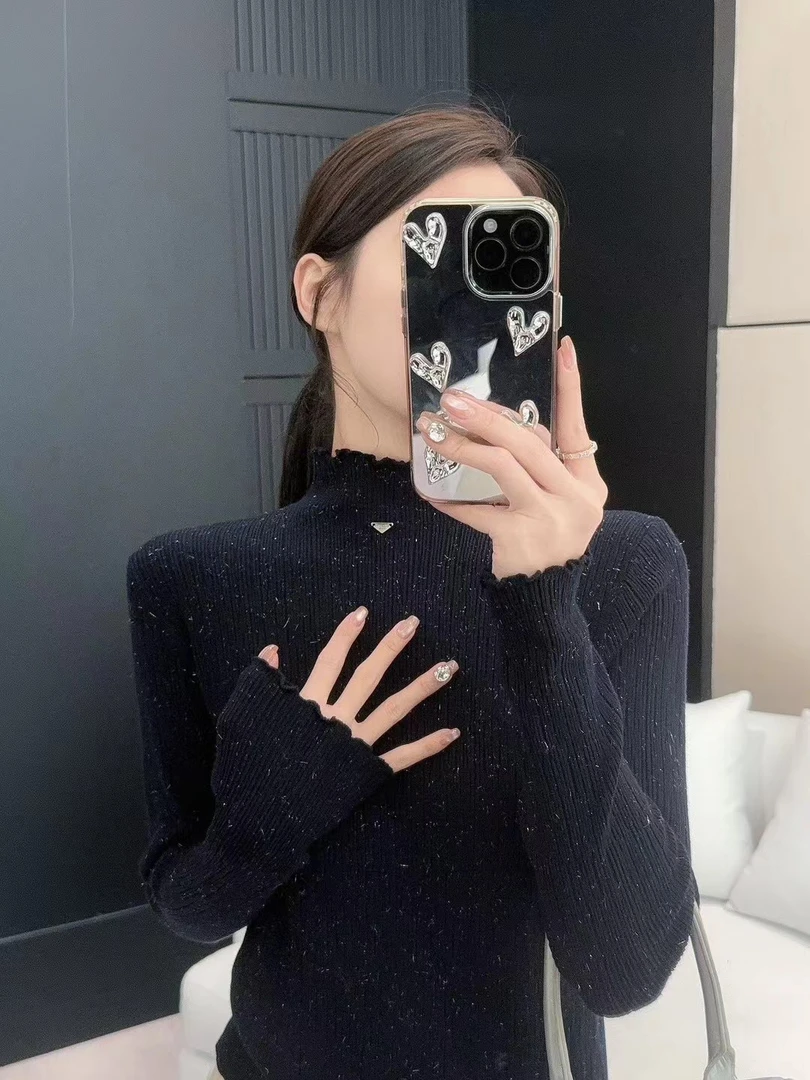 设计感木耳边亮丝针织衫毛衣女秋冬半高领洋气修身内搭打底衫上衣