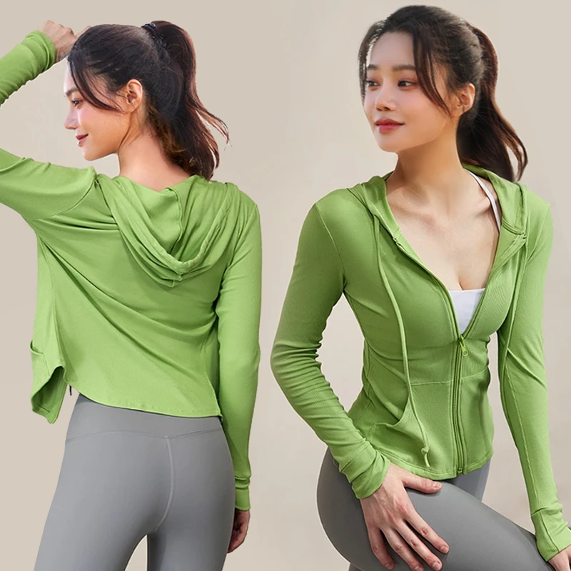 【叶子精选】运动外套女健身服长袖春秋连帽开衫专业跑步拉链上5271