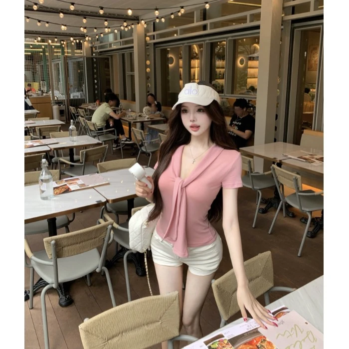 韩系飘带v领短袖正肩T恤女夏季御姐修身收腰粉色显瘦短款气质上衣