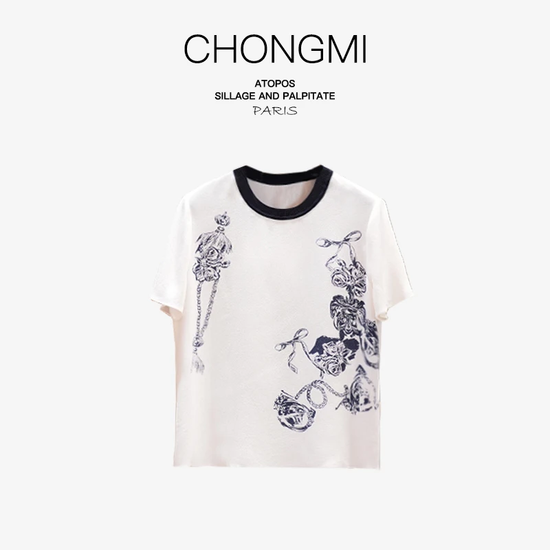 【鬼绉真丝】米白色印花桑蚕丝T恤女2025夏季新款时尚百搭t恤衫W