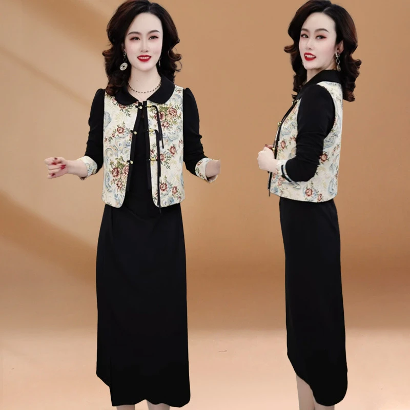 高级感国风2025时尚套装马甲搭配连衣裙时尚洋气阔太太新中式裙子
