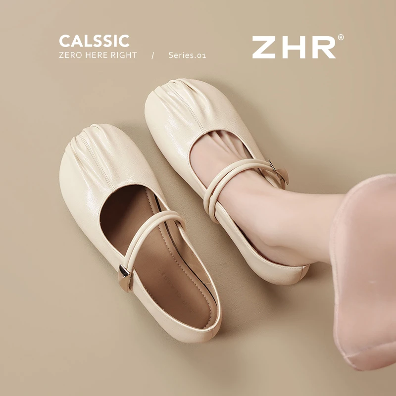 ZHR褶皱浅口单鞋夏季新款洋气轻便法式芭蕾舞秋季平底玛丽珍女鞋