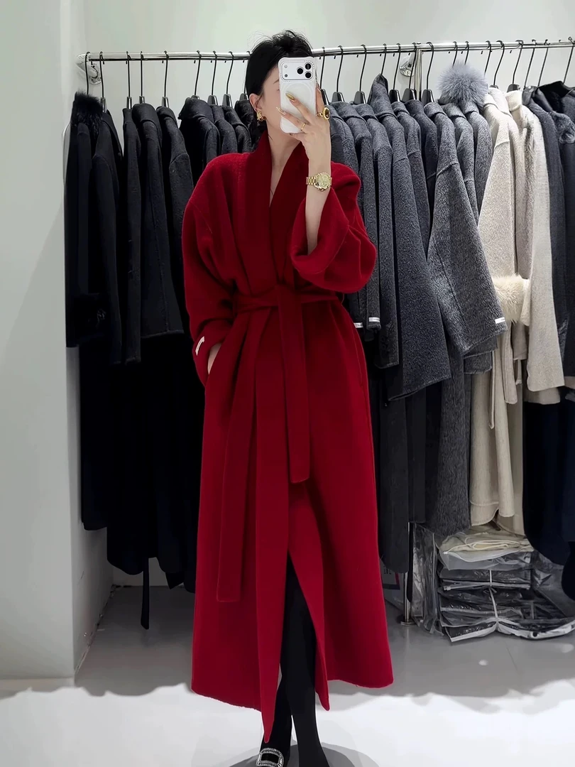 高级感红色浴袍式慵懒宽松长款气质女士羊毛外套秋冬大衣