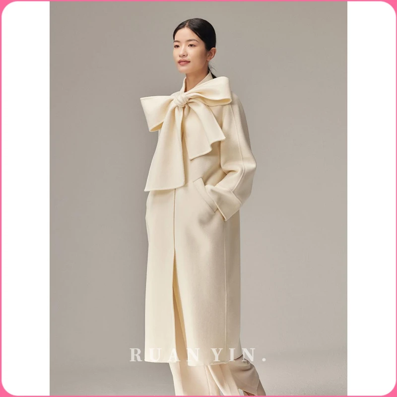 RUAN YIN新款支高级白色蝴蝶结双面羊毛大衣女高端呢子外套冬