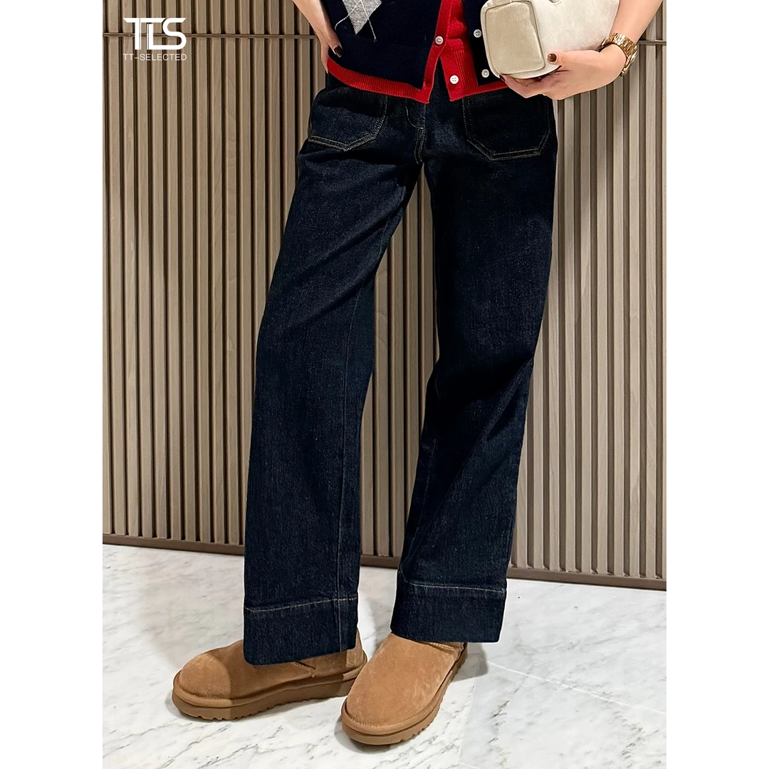 TT【漫画腿】复古靛蓝水洗加绒加厚高腰贴袋显瘦直筒牛仔裤CK5050