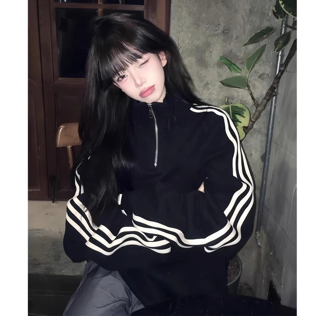 JEEPSPIRIT条纹卫衣男女2025新款秋半拉链翻领巨好看宽松初秋上衣