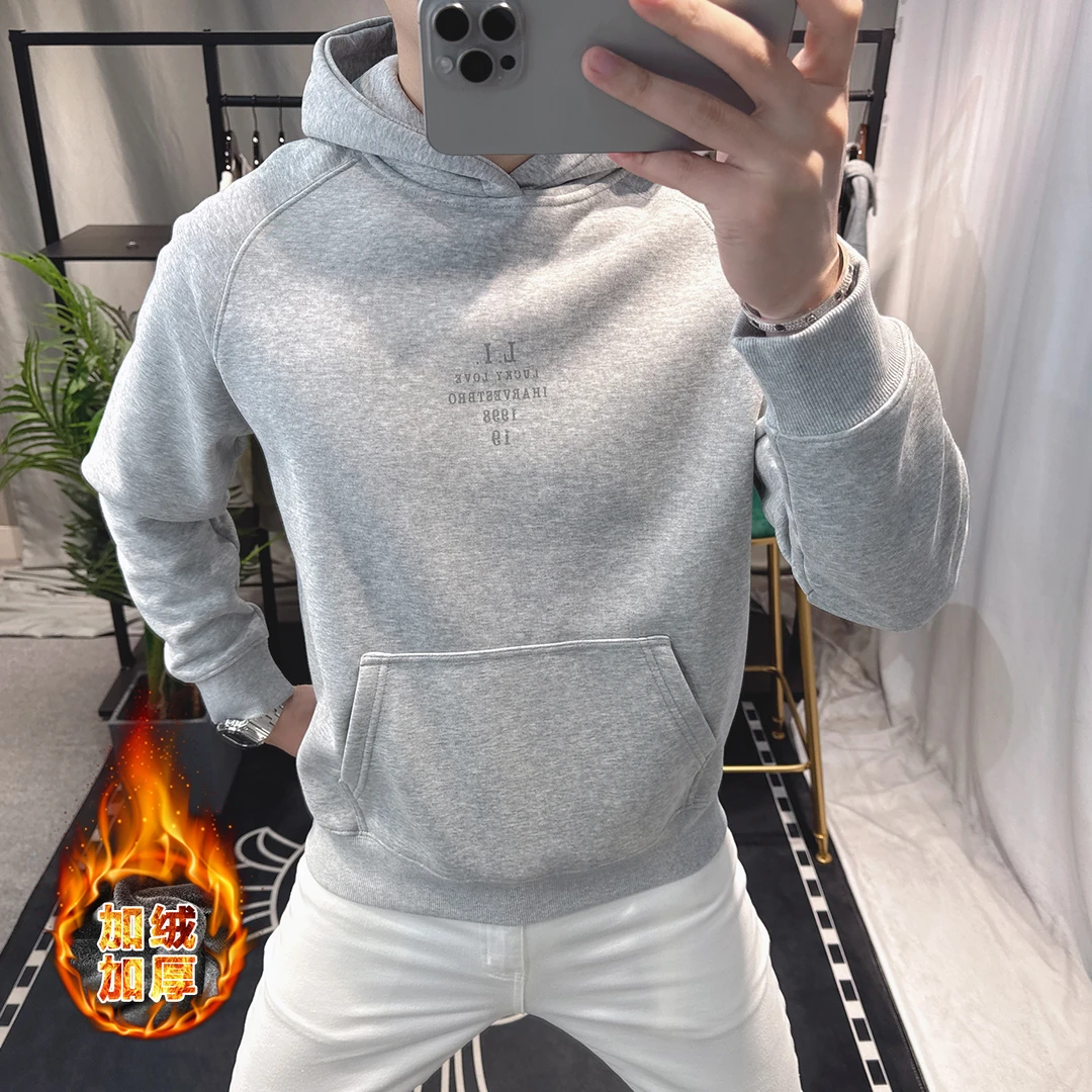 欧洲站字母印花男士连帽卫衣加绒加厚宽松保暖潮牌高级感外套冬季