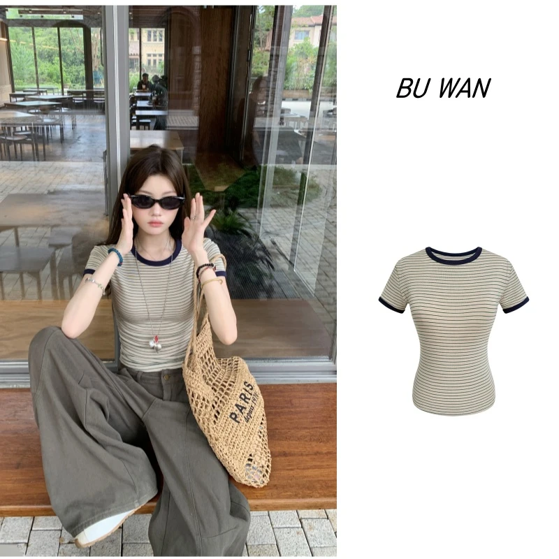 夏季新款百搭气质条纹圆领拼接设计短袖T恤修身显瘦休闲上衣A3629