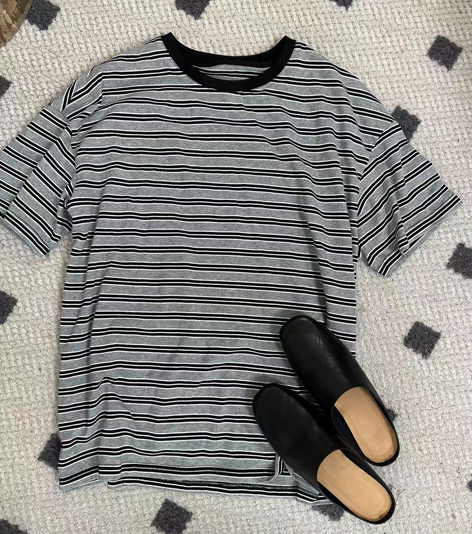 大禾自制:圆领百搭男友短䄂T恤宽松条纹