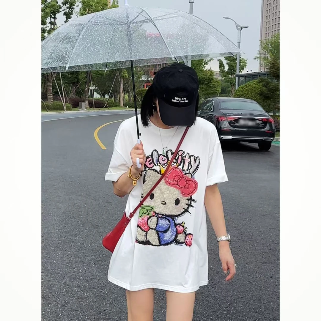 夏季KT猫蕾丝花纹大版短袖T恤5-6-28