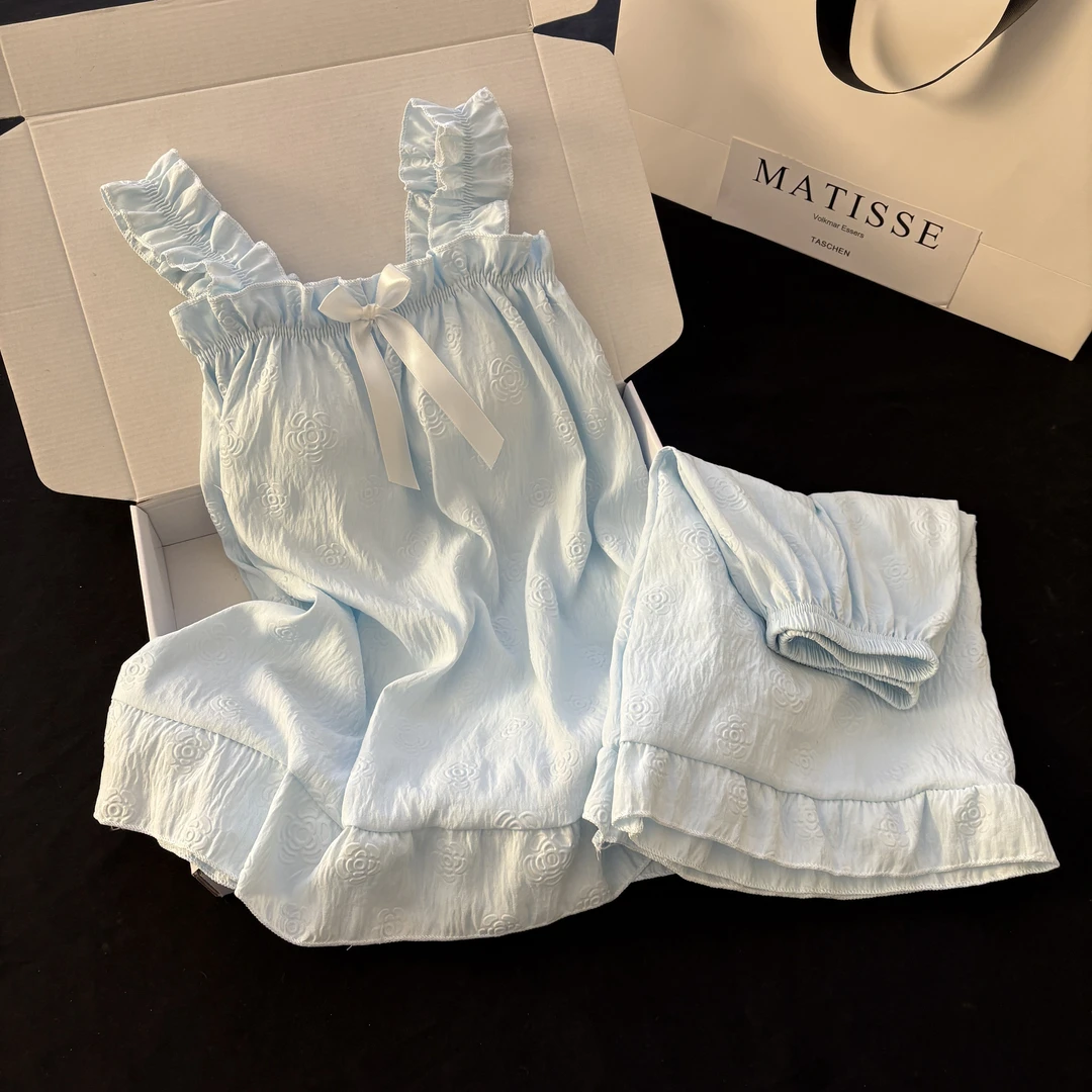 睡衣女夏季云朵棉甜美少女吊带短裤带胸垫清新可外穿家居服两件套