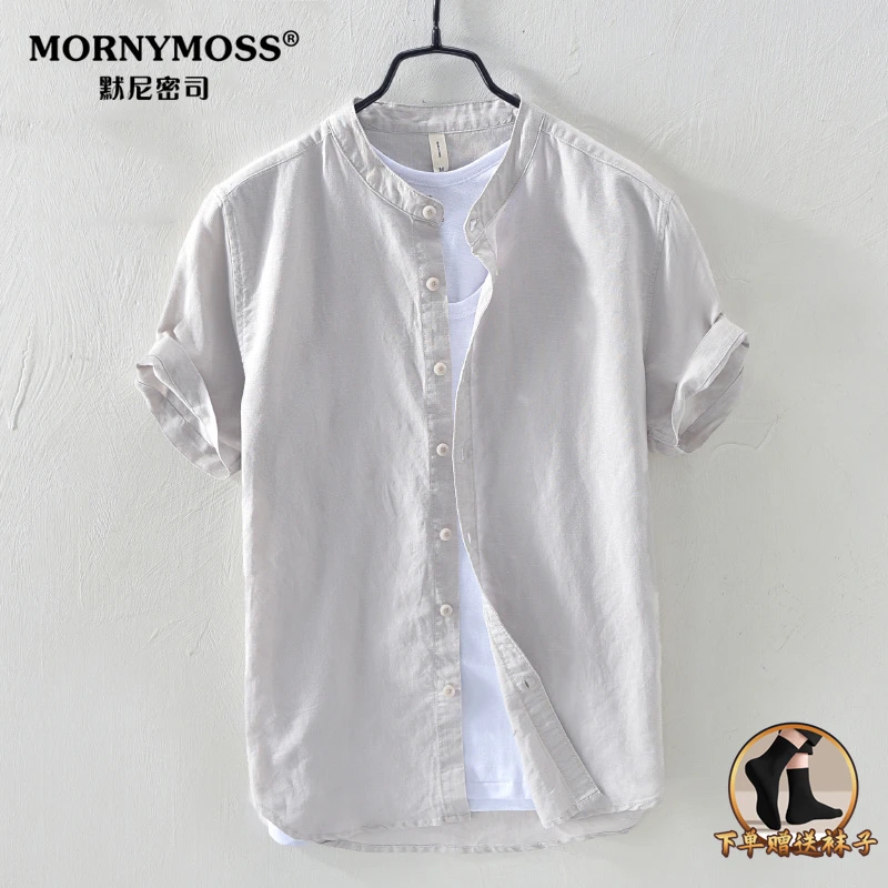 男士亚麻短袖衬衫夏天麻布青年夏装宽松休闲棉麻料衬衣男装上衣服