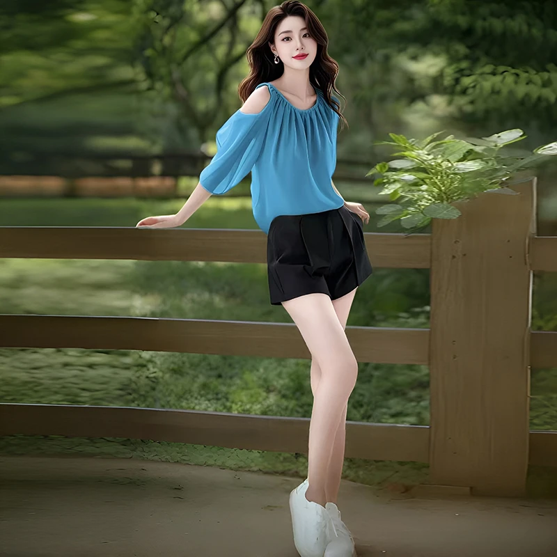 小衫薄纱半袖女装衬衫2025新款夏季时尚气质遮肚短袖露肩上衣减龄