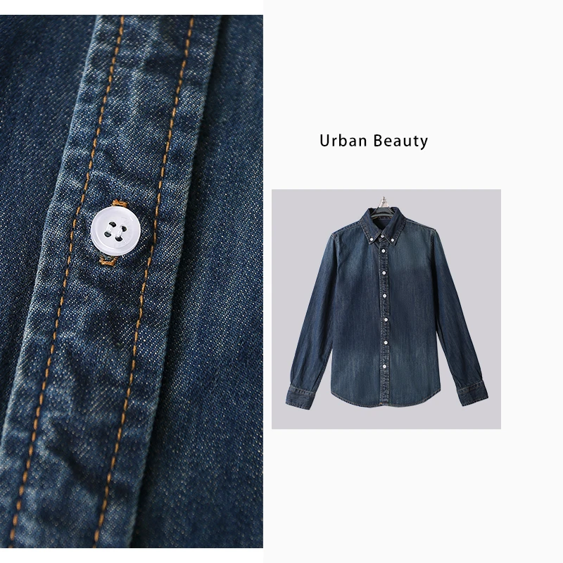 复古棉质混纺牛仔衬衫蓝色衬衣长袖时尚水洗秋季女士牛仔衫DF6687