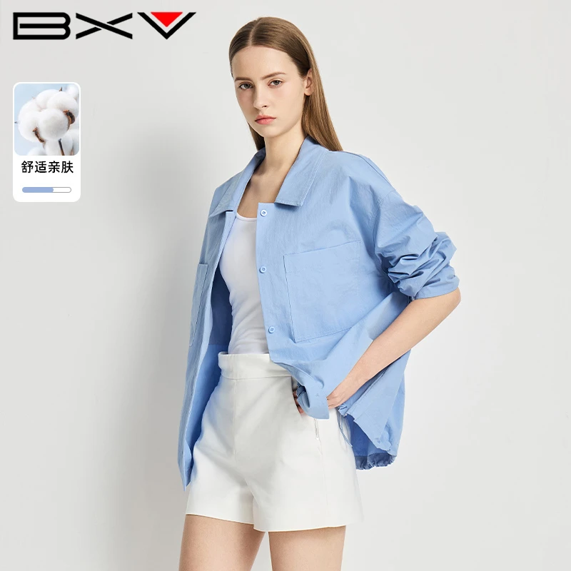 BXV双口袋棉衬衫女2025春季新款叠穿上衣POLO领休闲宽松通勤衬衣
