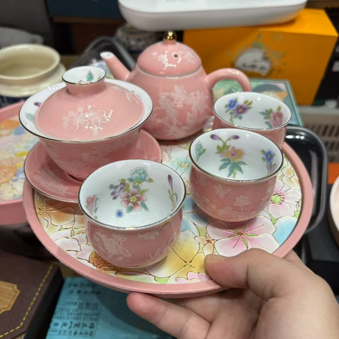 【闪购商品】羊脂玉瓷粉丝锦上添花茶壶茶具套装  jw118