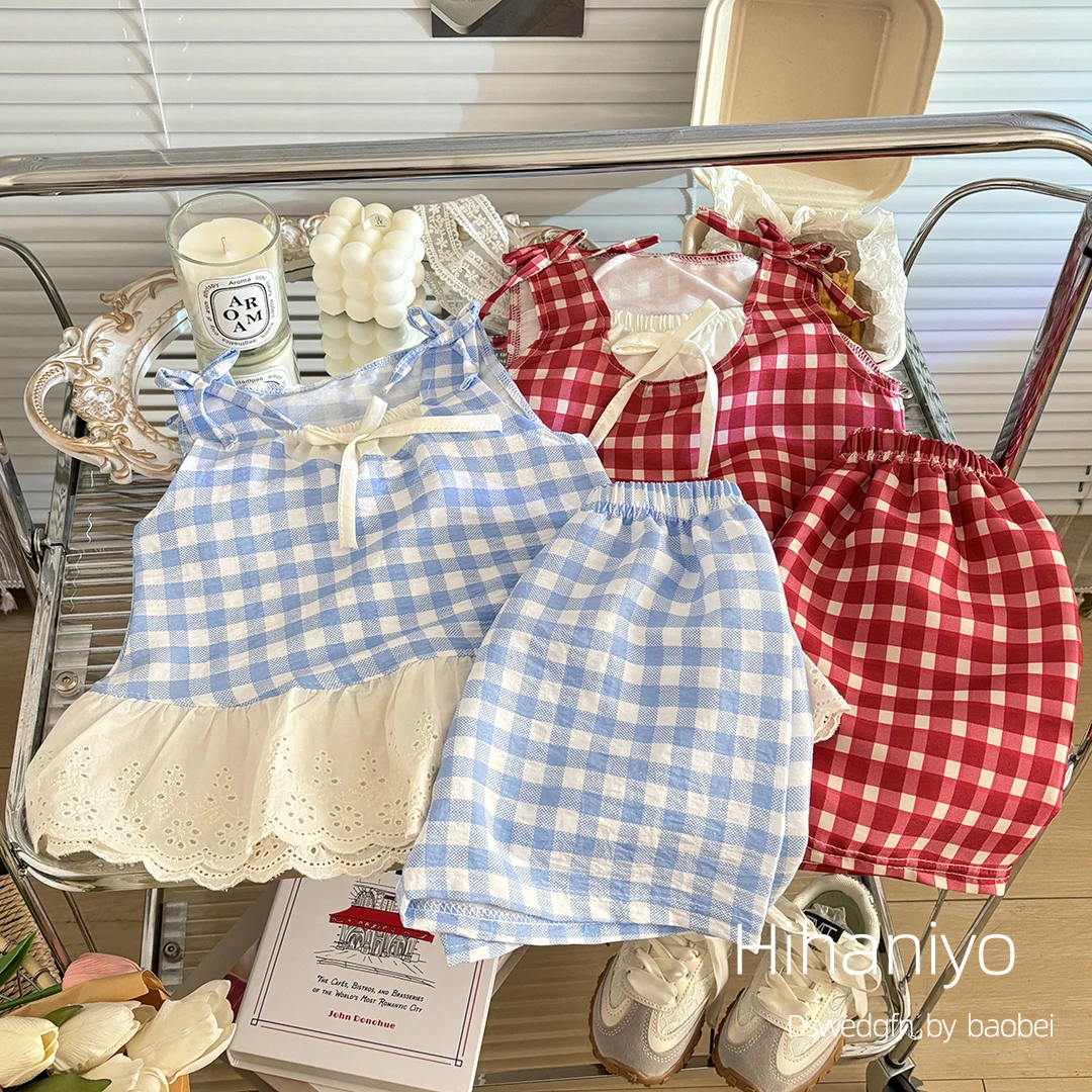 夏装女童背心裙2025新款宝宝红色格子假两件背心裙儿童夏季吊带裙