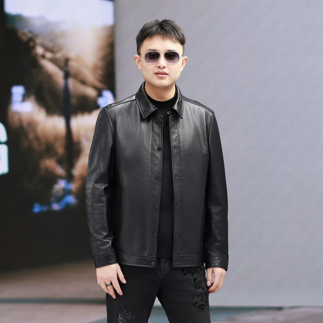 BH-932海宁轻奢男士皮衣原生态纹真皮翻领时尚休闲潮流头层绵羊皮