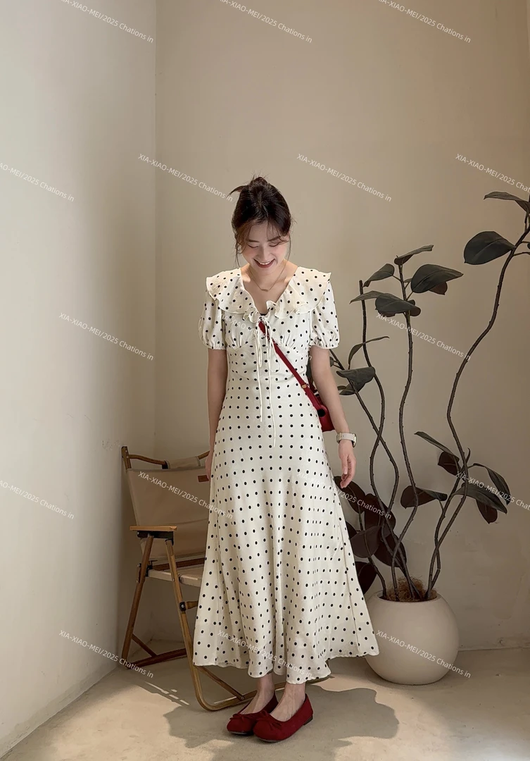 XIAOMEI ｜V领荷叶边波点连衣裙夏季法式气质长裙-5106
