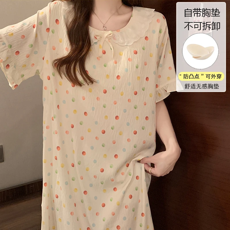 带胸垫睡裙女夏季短袖甜美可爱大码长款睡衣女士连衣裙夏天家居服