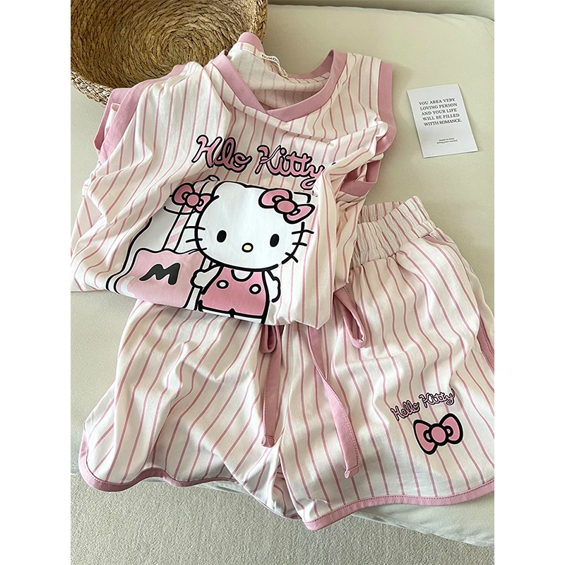 【条纹Kitty】韩系甜美睡衣女夏季新款背心短裤家居服两件套可外穿