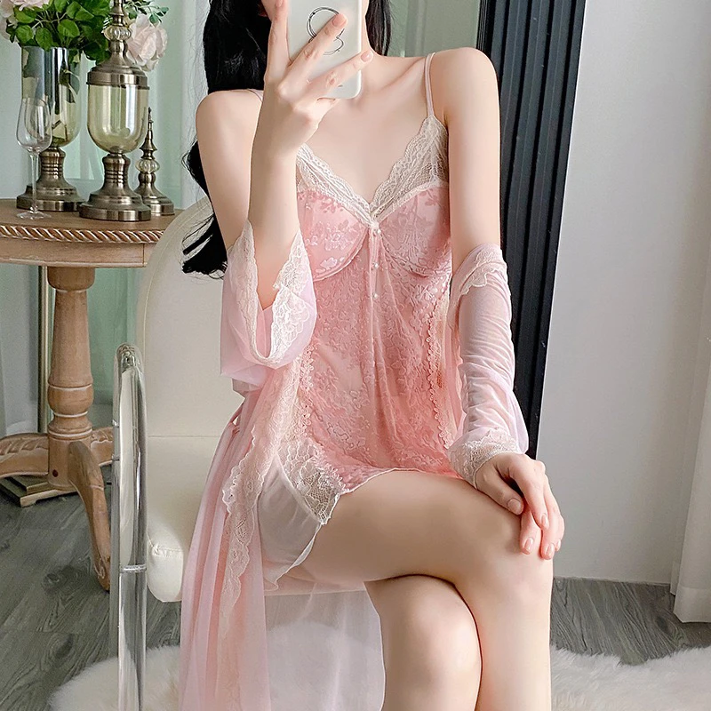上小楼 性感睡衣女复古显瘦蕾丝纯欲风秋冬丝绒吊带睡裙睡袍套装