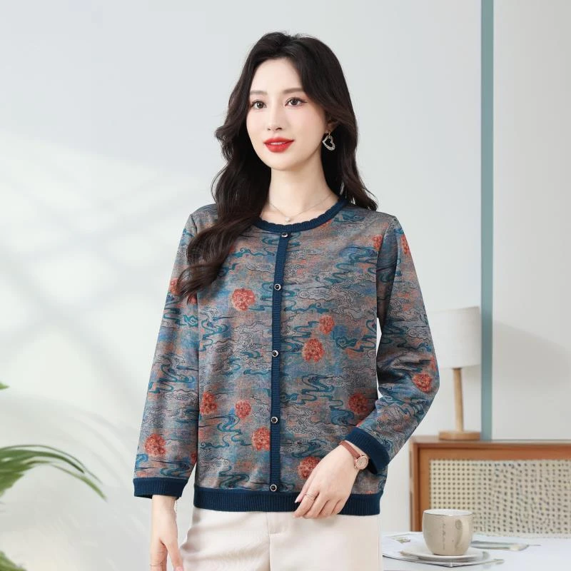 妈妈春秋装中年人打底针织衫女圆领